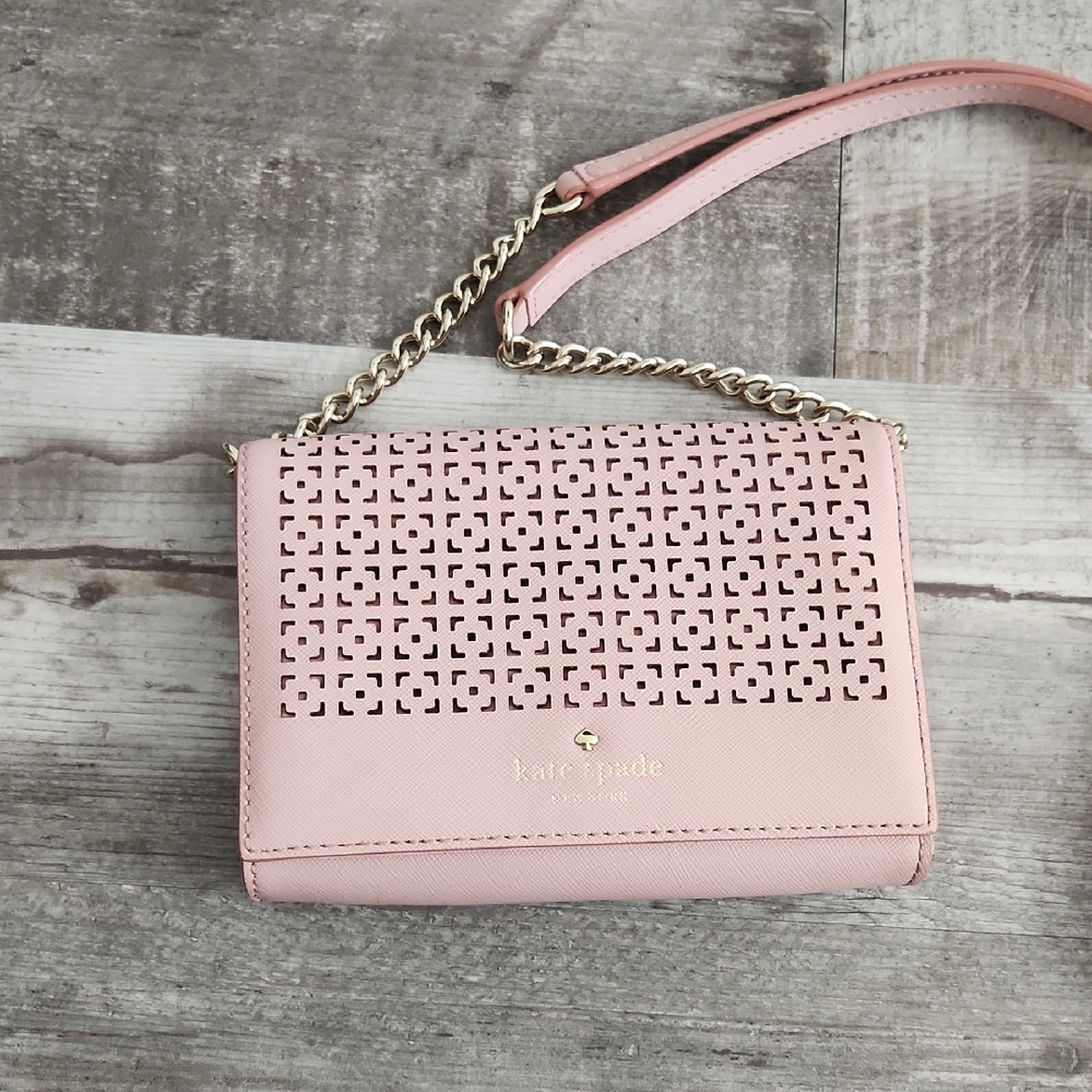 kate spade Pink Perforated Leather Crossbody Bag with Gold Chain